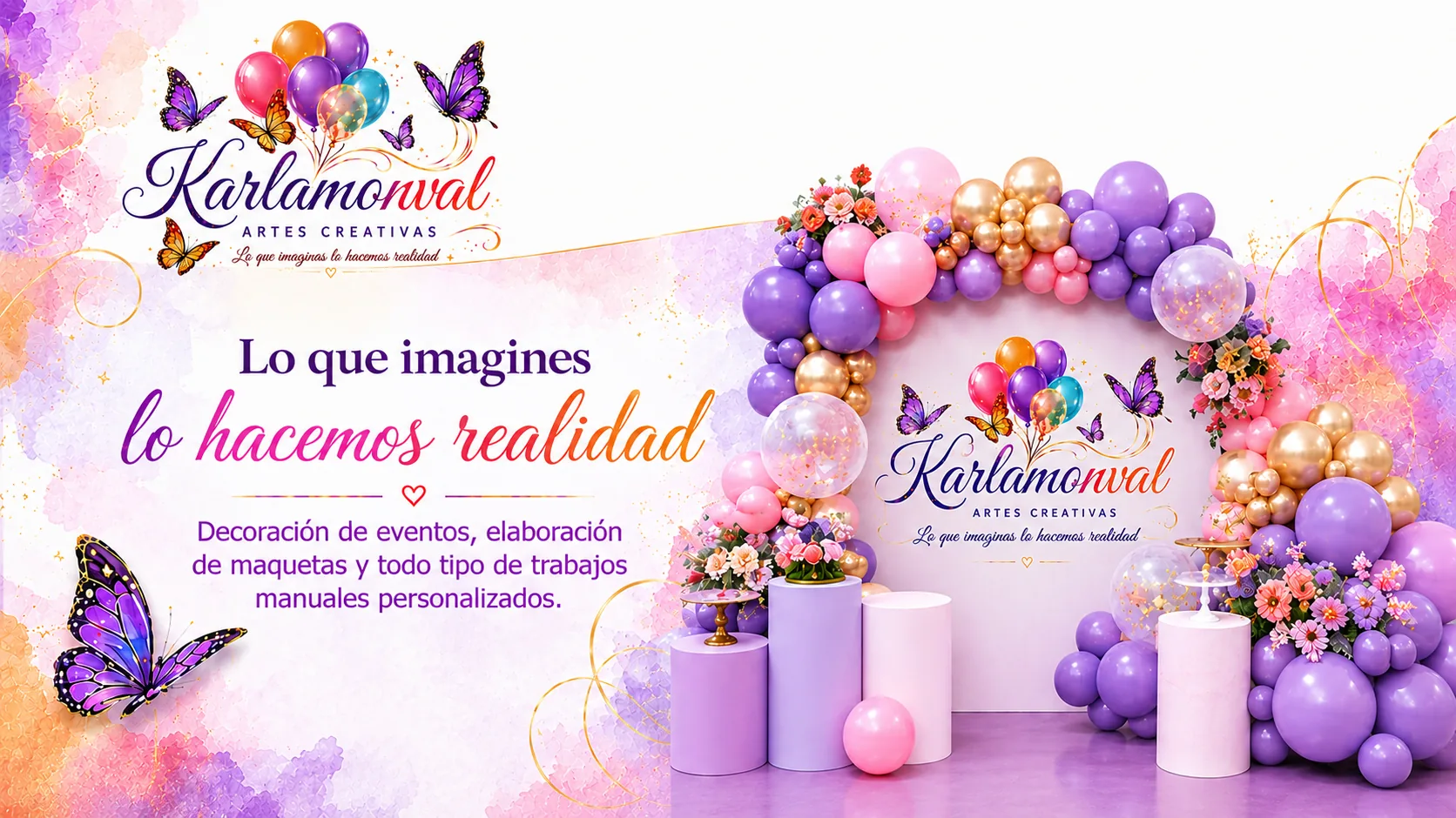 Fondo de portada Karlamonval — arco de globos en tonos rosa y morado